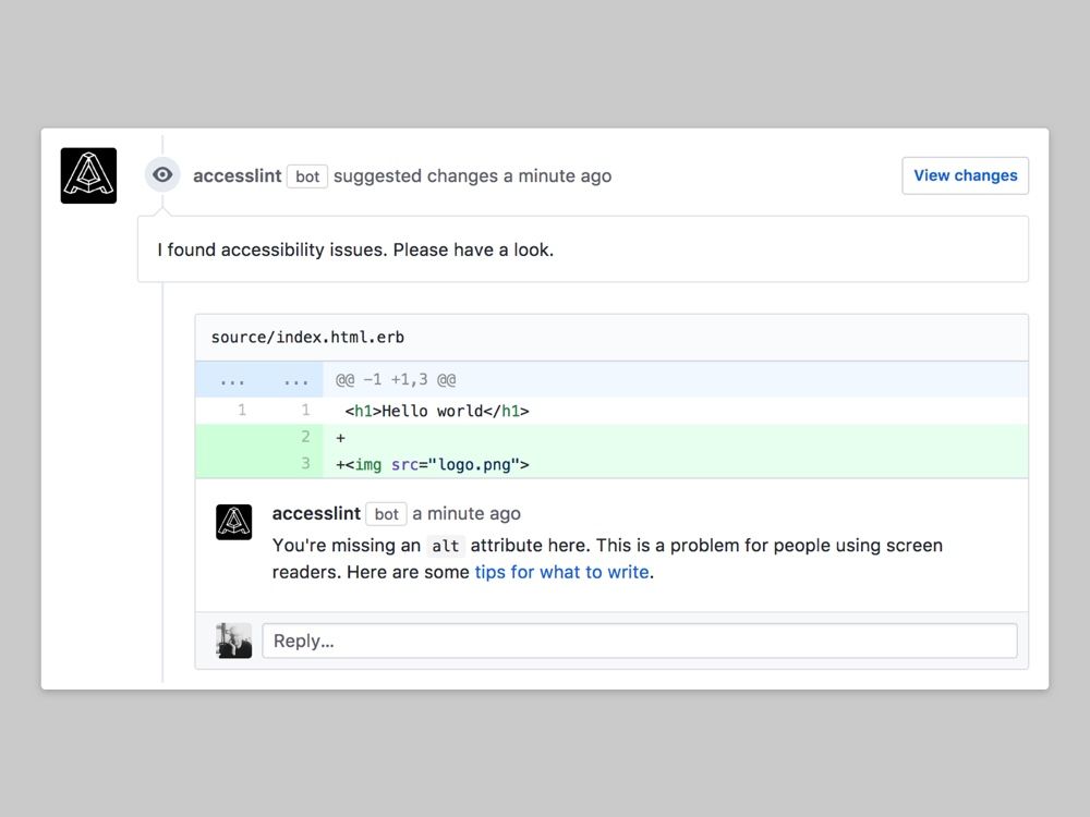 AccessLint identifies missing alternate text in a Pull Request Review